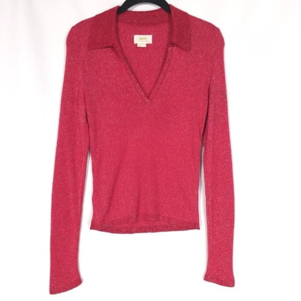 Maeve Anthropologie V-Neck Lurex Polo Sweater MEDIUM Shiny Metallic‎ Long Sleeve